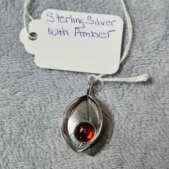 Jewelry - Sterling Silver Cherry Baltic Amber Leaf Pendant Necklace Nature Inspired
